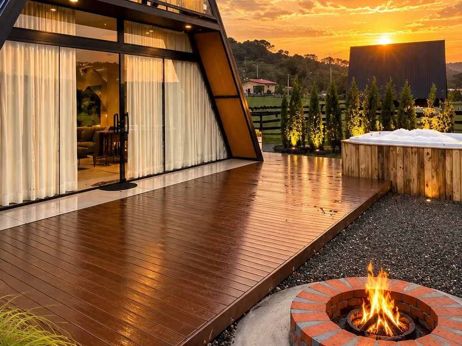 Deck do Chalé da Lagoa no pôr do sol, com spa aquecido de madeira e fogo de chão