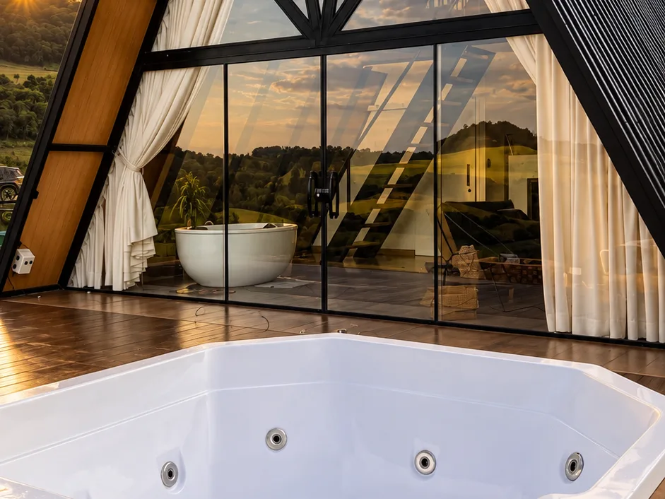 Spa aquecido no deck do Chalé Refúgio ao entardecer, com a cabana de vidro e o vale atrás